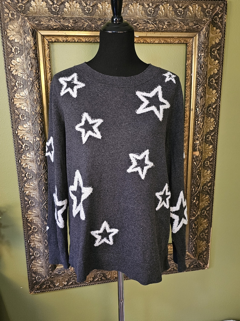 LOFT Charcoal Gray Fuzzy Star Sparkle Metallic Knit Sweater Women's XL